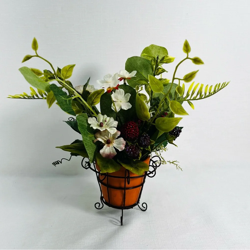 Faux Raspberry Potted Plant in Terra Cotta Pot with Decorative Wire Basket NWOT